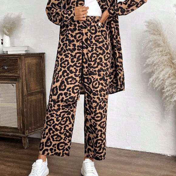 Multicolor Casual Women's Loose Fit Leopard Print Blouse & Pants Set - Picture 3 of 6